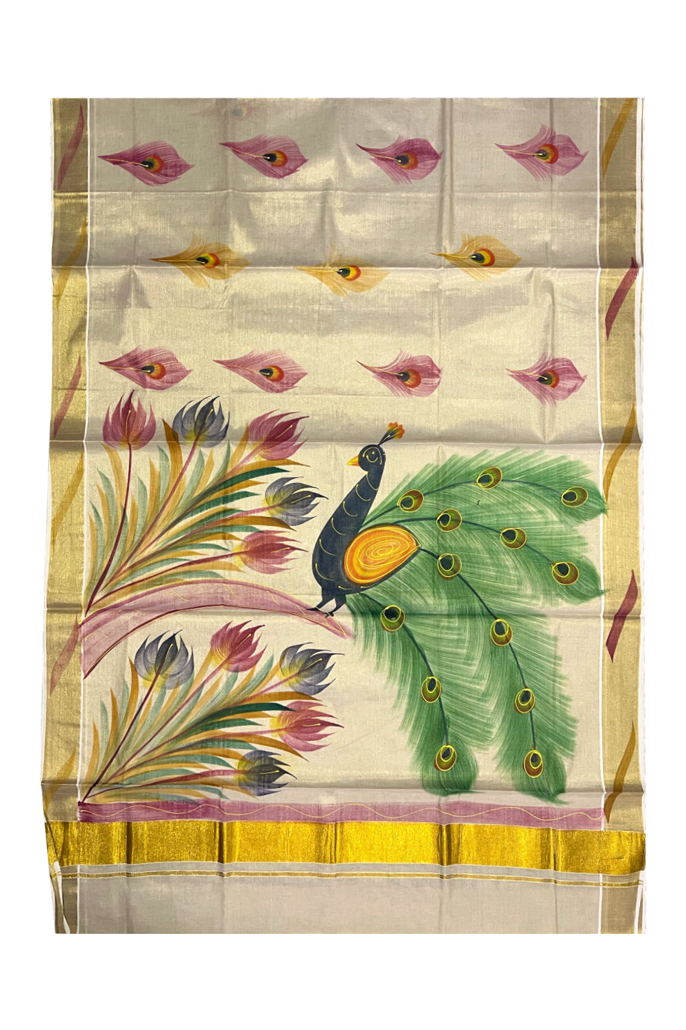 Kerala Tissue Kasavu Saree with Hand Painted Peacock Design