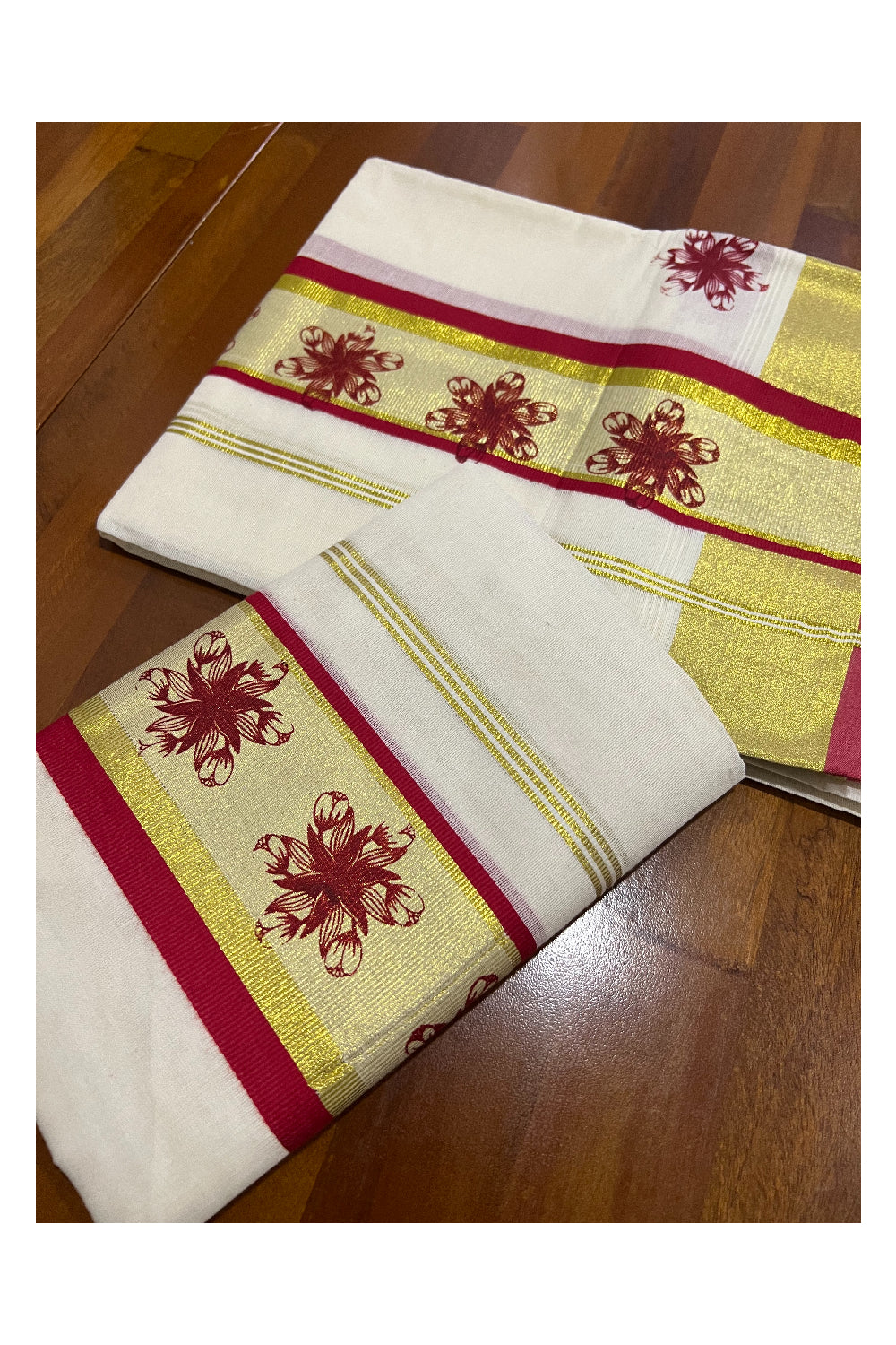 Pure Cotton Kasavu Set Mundu (Mundum Neriyathum) with Red Floral Block Prints on Border