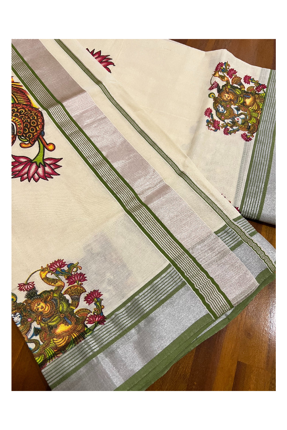 Southloom Onam 2022 Silver Kasavu and Olive Green Kara Saree with Krishna Radha Mural Design