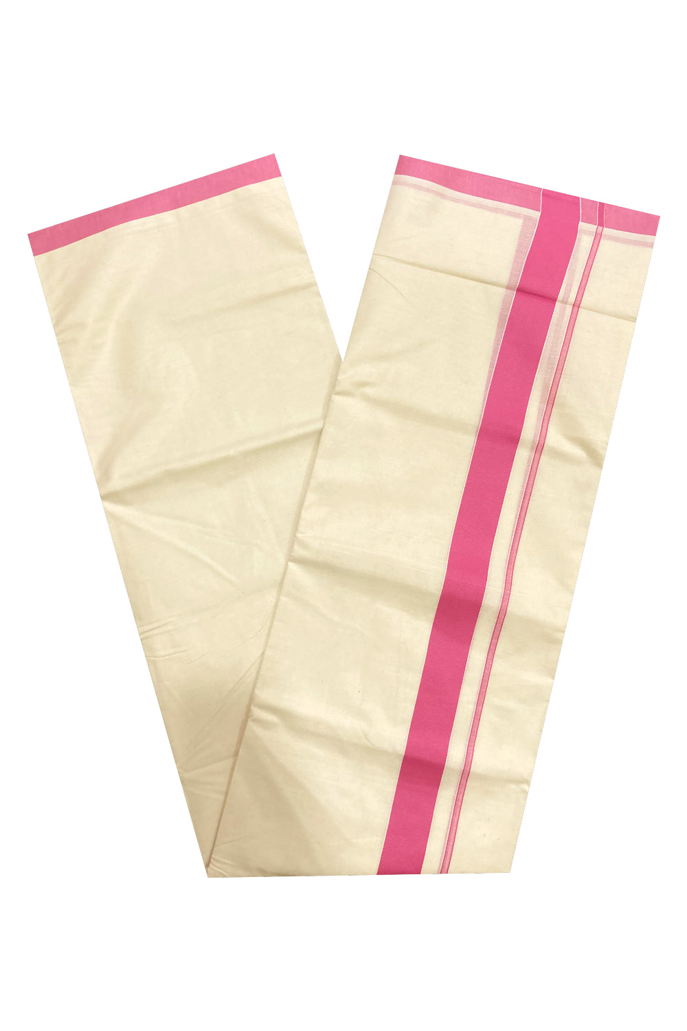 Off White Pure Cotton Double Mundu with Pink Border (South Indian Kerala Dhoti)