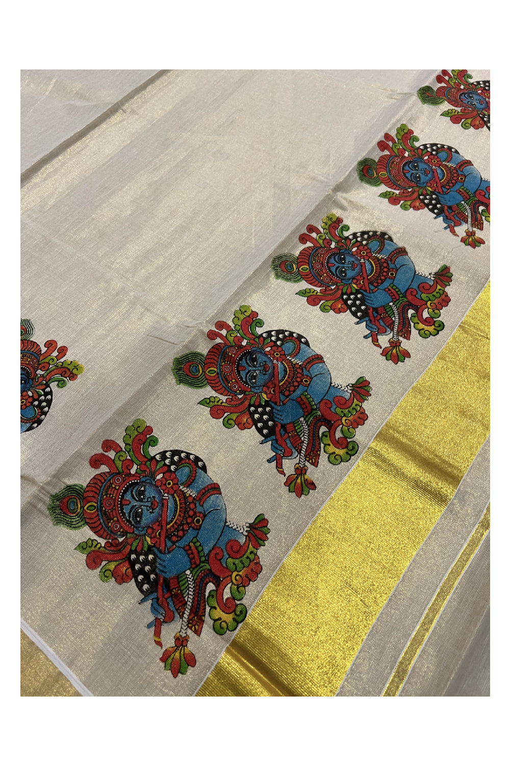 Kerala Tissue Kasavu Saree With Mural Printed Krisna Design