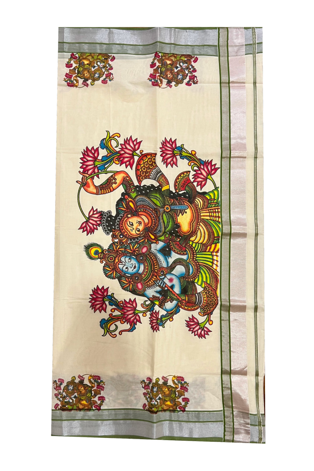 Southloom Onam 2022 Silver Kasavu and Olive Green Kara Saree with Krishna Radha Mural Design