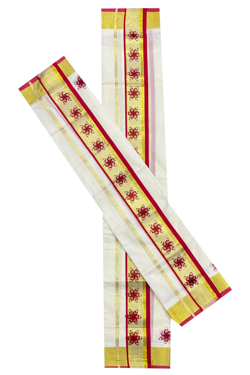 Pure Cotton Kasavu Set Mundu (Mundum Neriyathum) with Red Floral Block Prints on Border