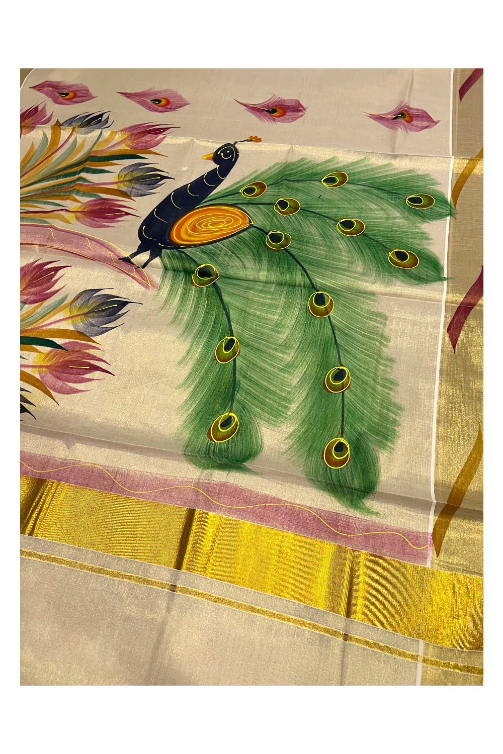 Kerala Tissue Kasavu Saree with Hand Painted Peacock Design