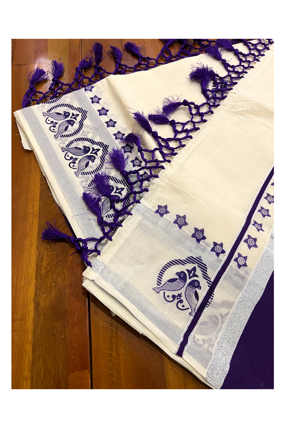 Pure Cotton Kerala Saree with Silver Kasavu Violet Block Prints on Border and Tassels Works