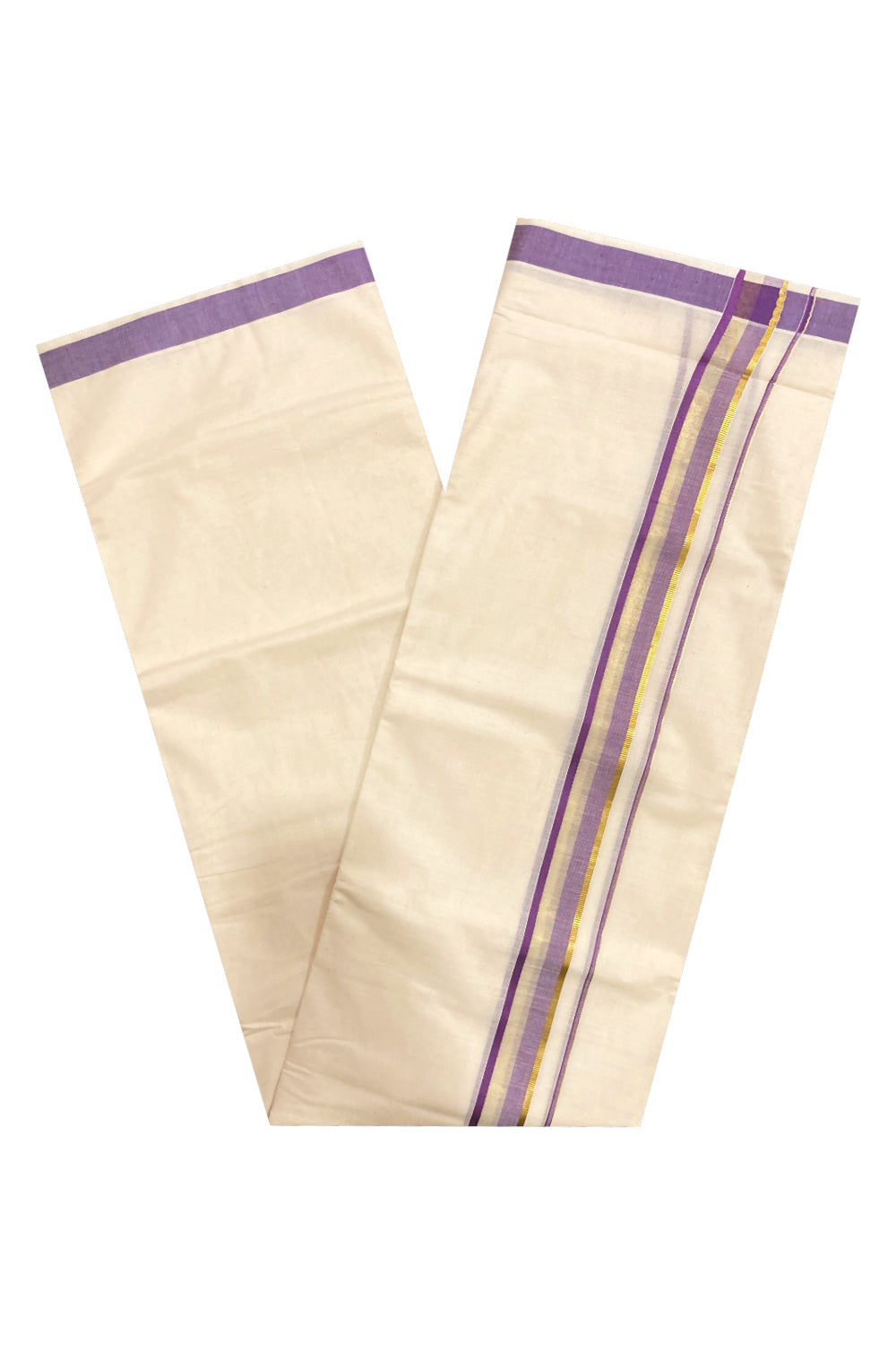 Off White Kerala Double Mundu with Violet and Kasavu Border (South Indian Kerala Dhoti)