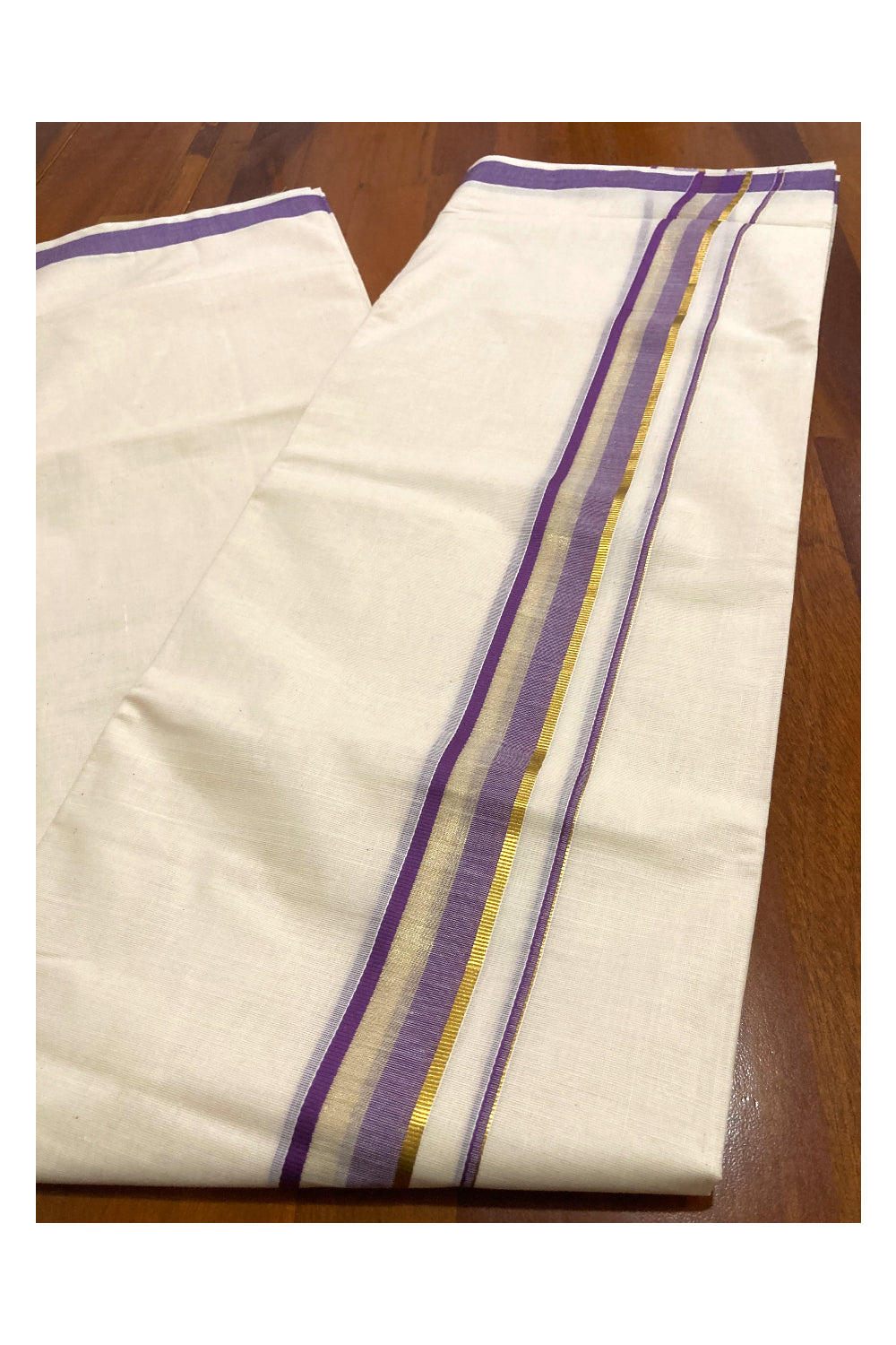 Off White Kerala Double Mundu with Violet and Kasavu Border (South Indian Kerala Dhoti)