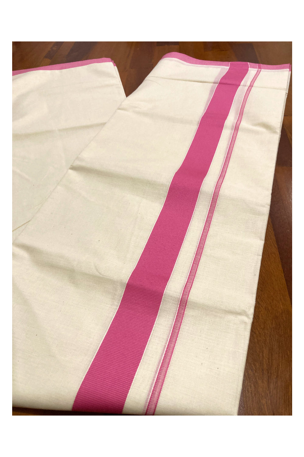 Off White Pure Cotton Double Mundu with Pink Border (South Indian Kerala Dhoti)