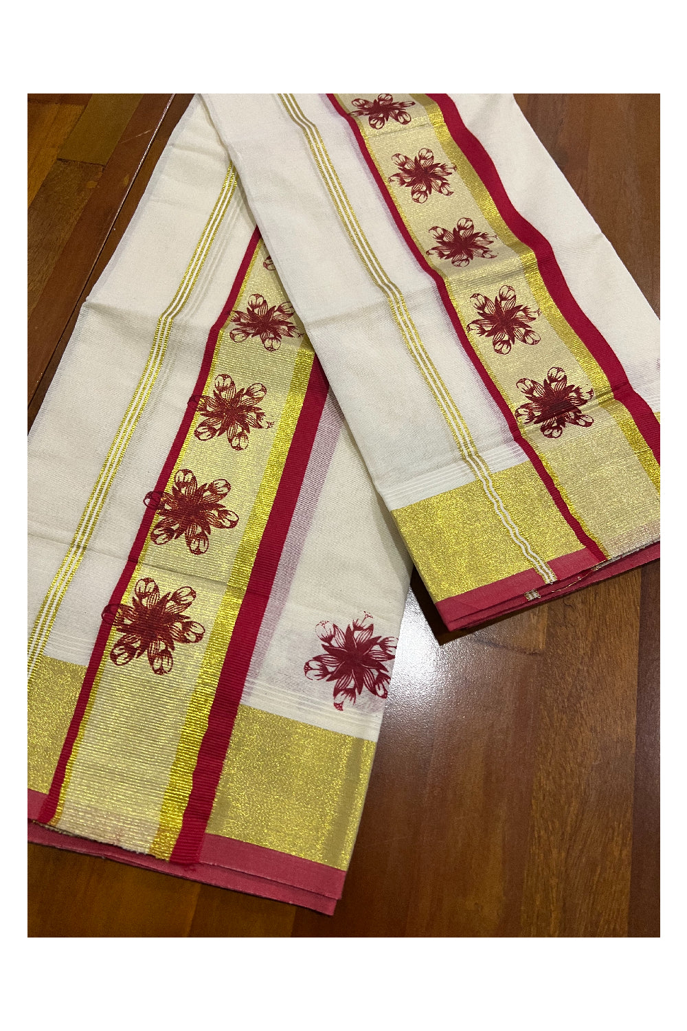 Pure Cotton Kasavu Set Mundu (Mundum Neriyathum) with Red Floral Block Prints on Border