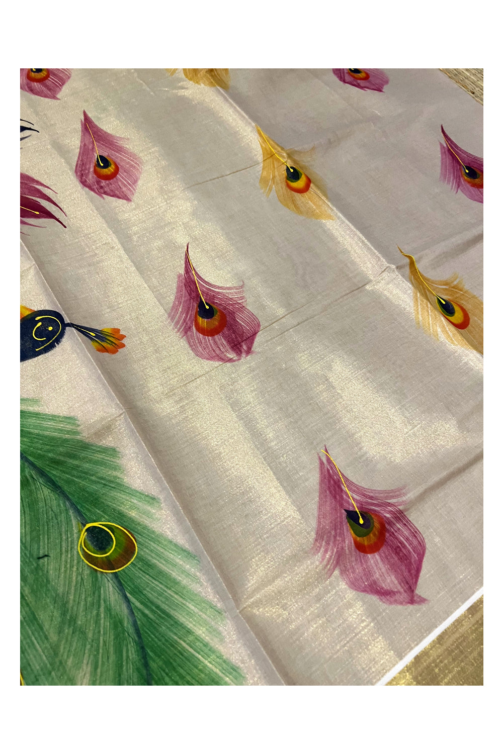 Kerala Tissue Kasavu Saree with Hand Painted Peacock Design