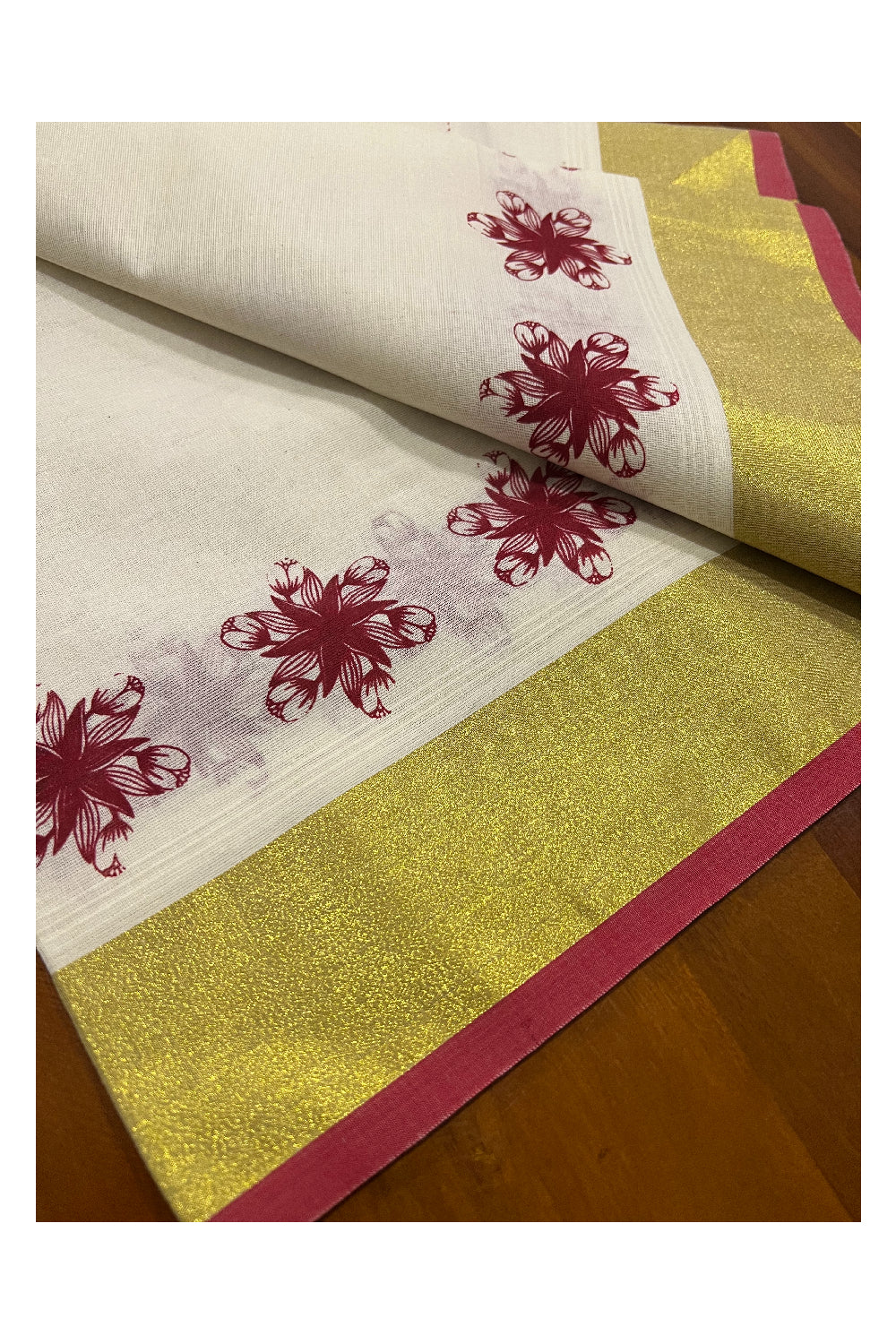 Pure Cotton Kasavu Set Mundu (Mundum Neriyathum) with Red Floral Block Prints on Border