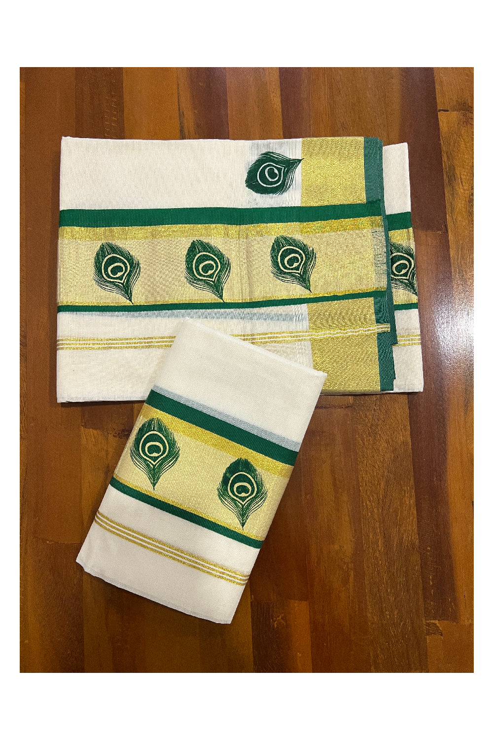 Pure Cotton Kasavu Set Mundu (Mundum Neriyathum) with Green Feather Block Prints on Border