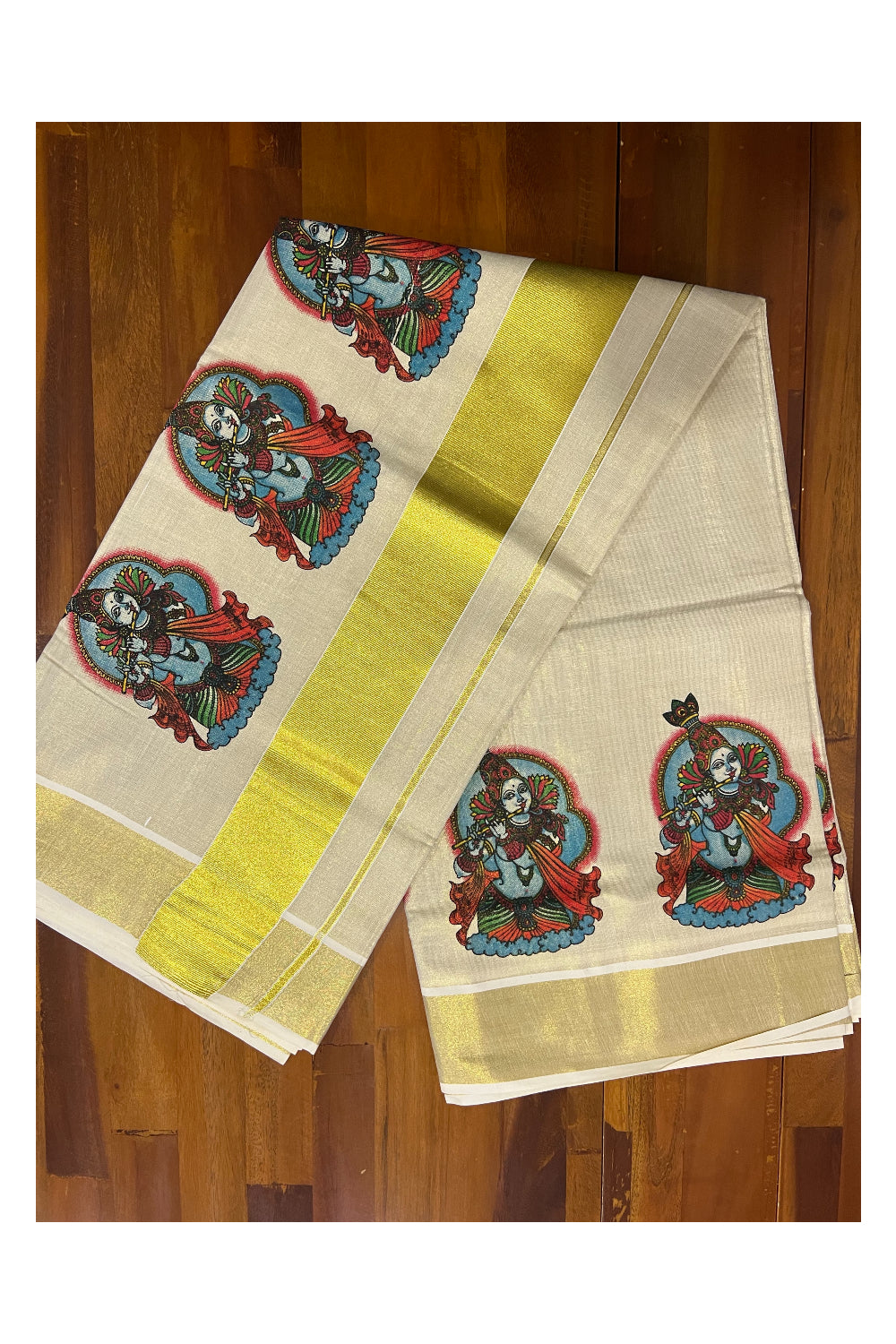 Kerala Tissue Kasavu Saree With Mural Printed Lord Krishna Design