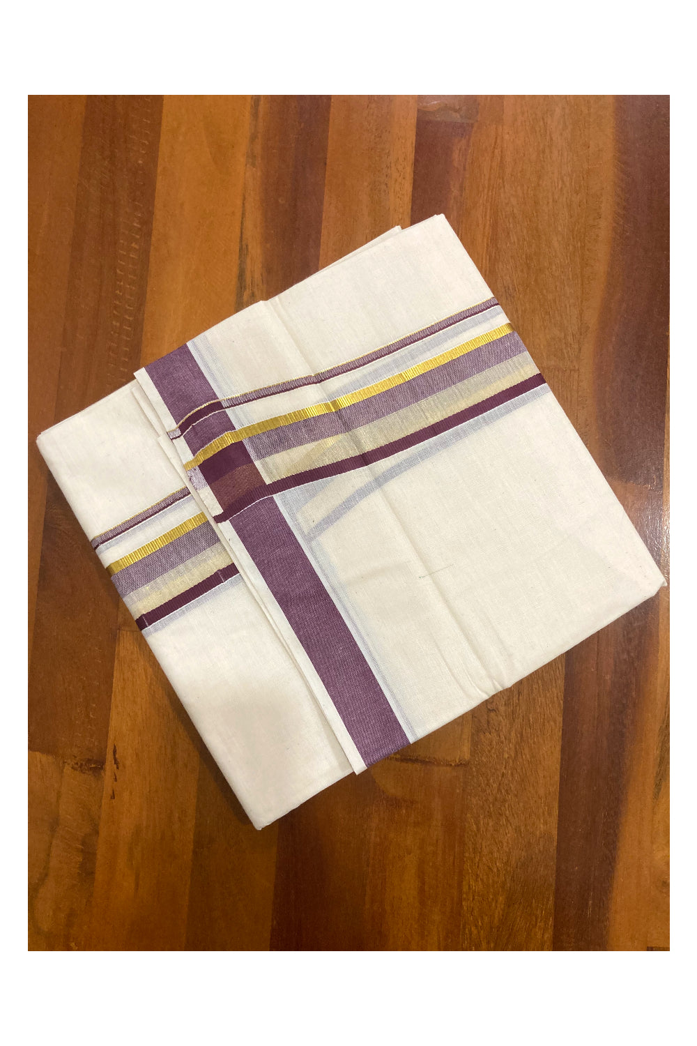 Off White Kerala Double Mundu with Purple and Kasavu Border (South Indian Dhoti)