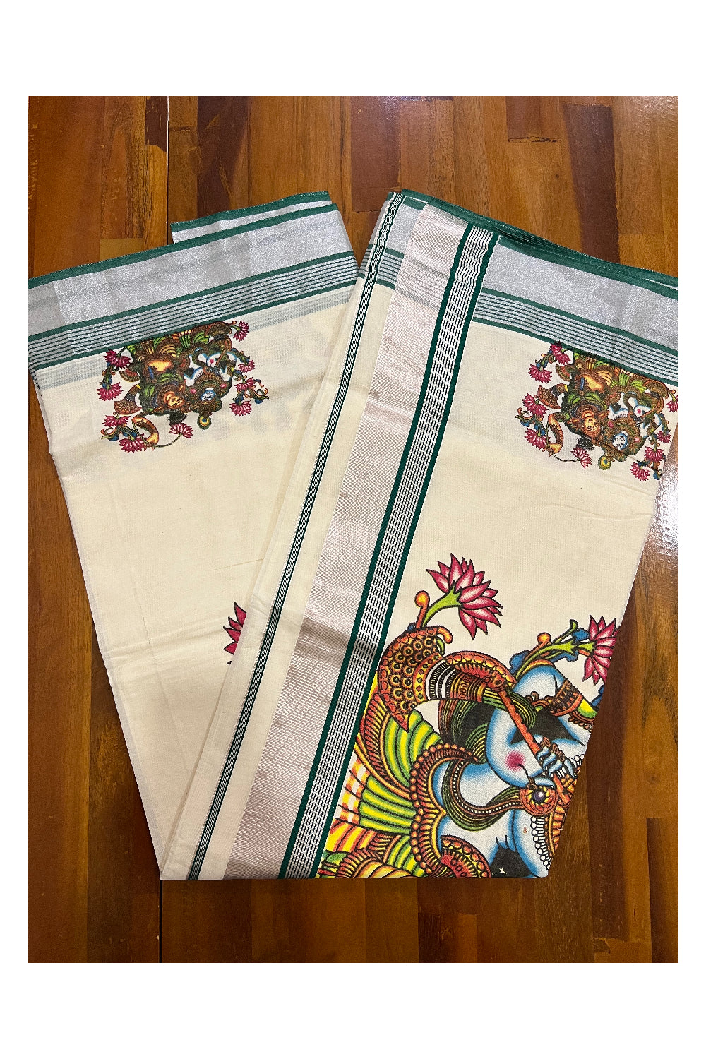 Southloom Silver Kasavu and Green Kara Saree with Krishna Radha Mural Design