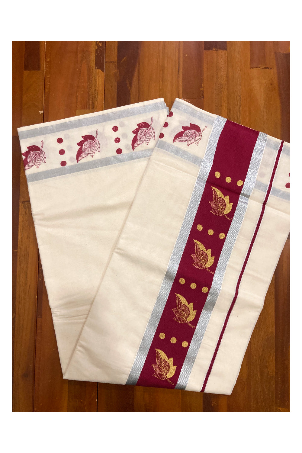 Pure Cotton Kerala Saree with Golden Leaf Block Prints on Silver Kasavu and Maroon Pallu