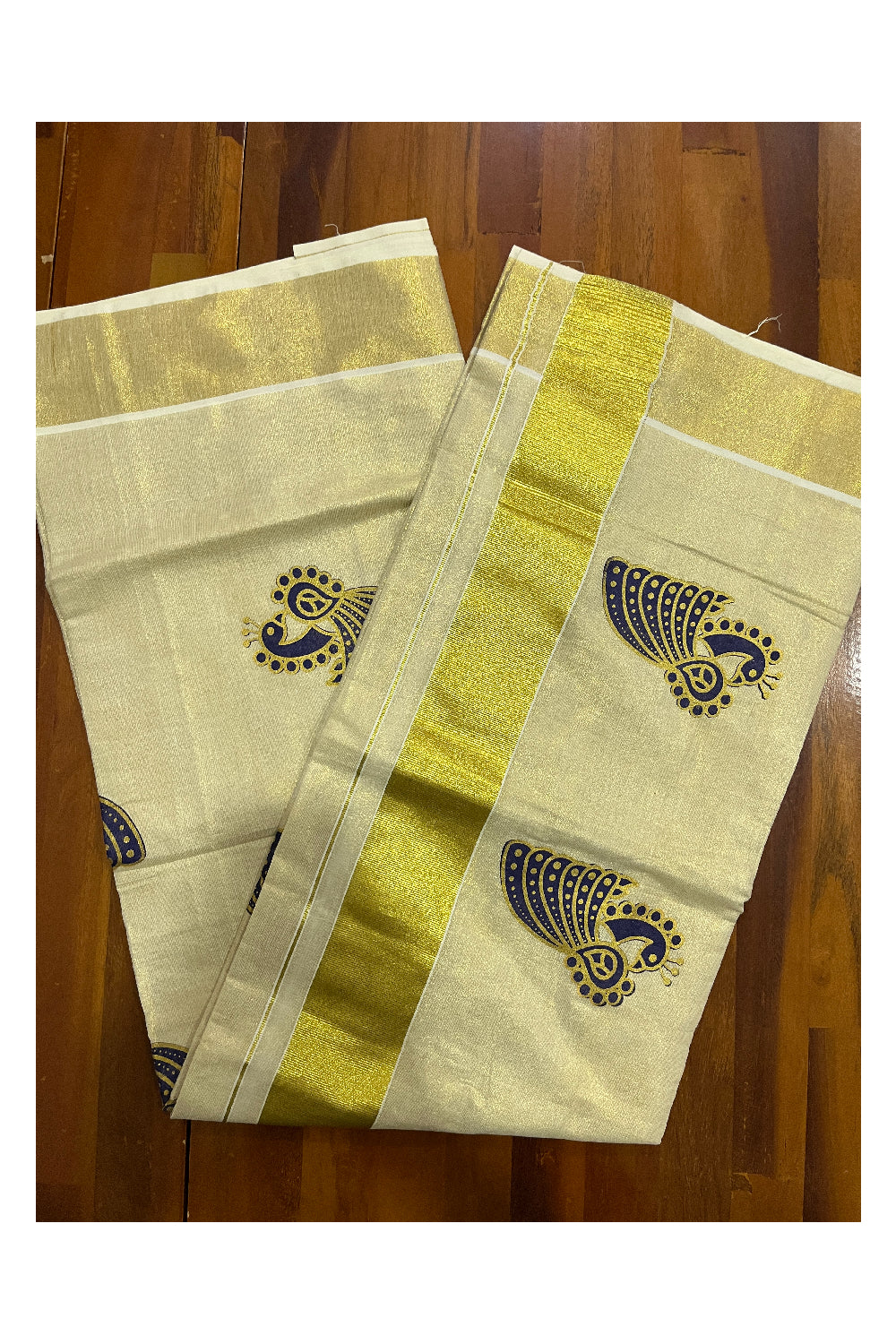 Kerala Tissue Kasavu Navy Blue Golden Peacock Block Printed Design Saree