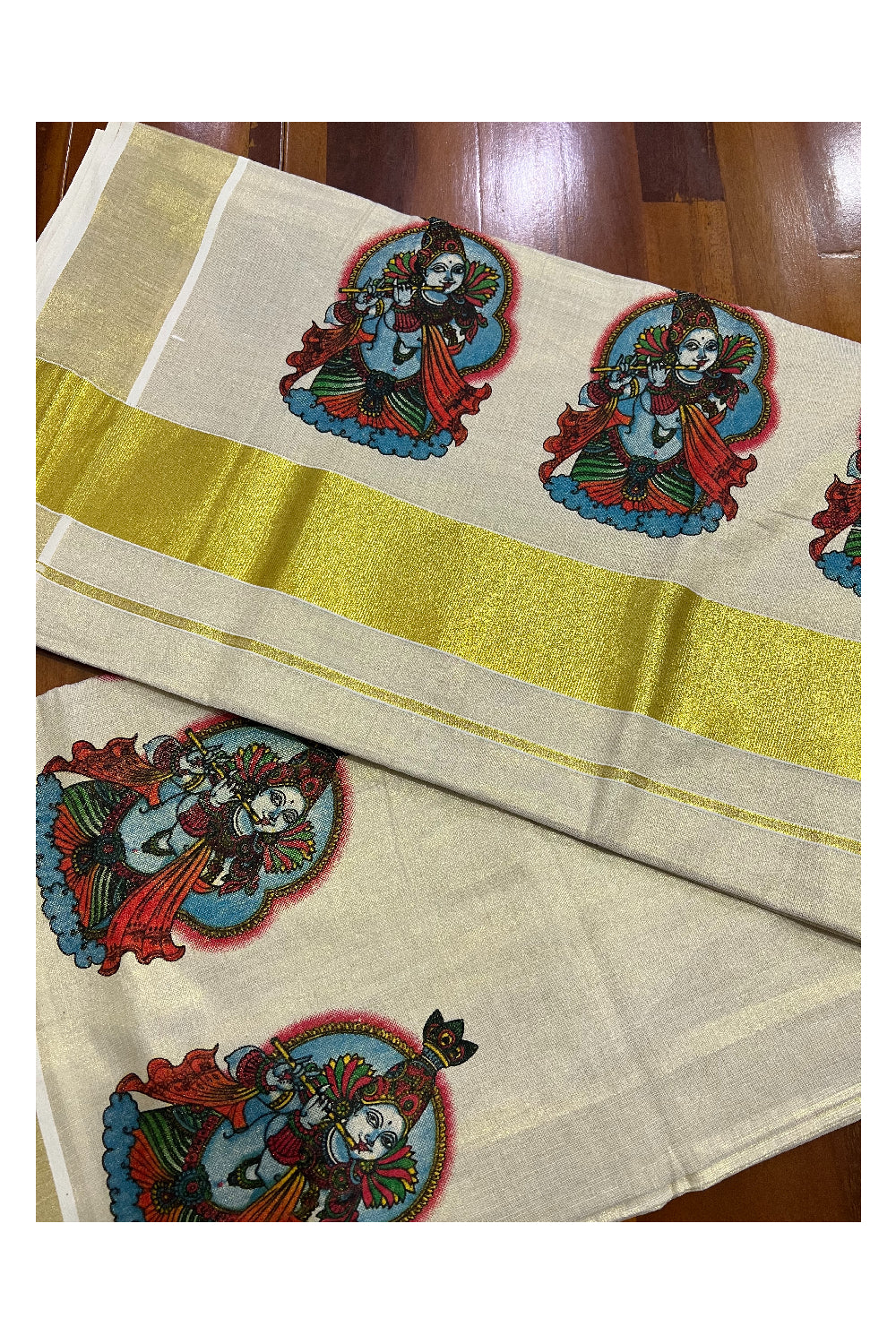 Kerala Tissue Kasavu Saree With Mural Printed Lord Krishna Design