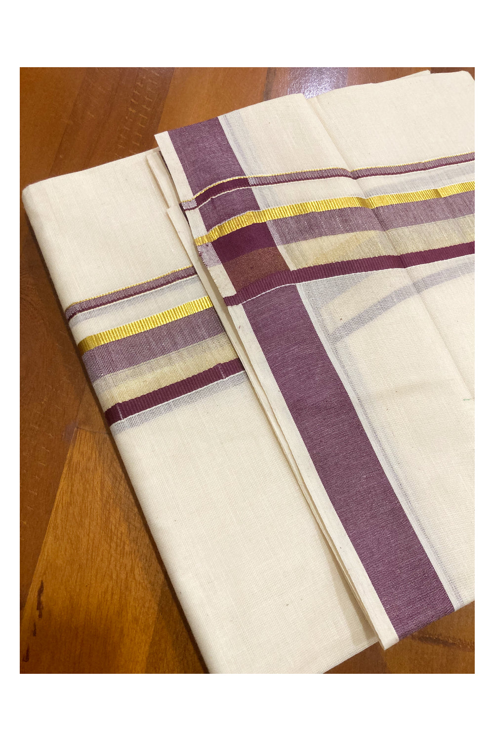 Off White Kerala Double Mundu with Purple and Kasavu Border (South Indian Dhoti)