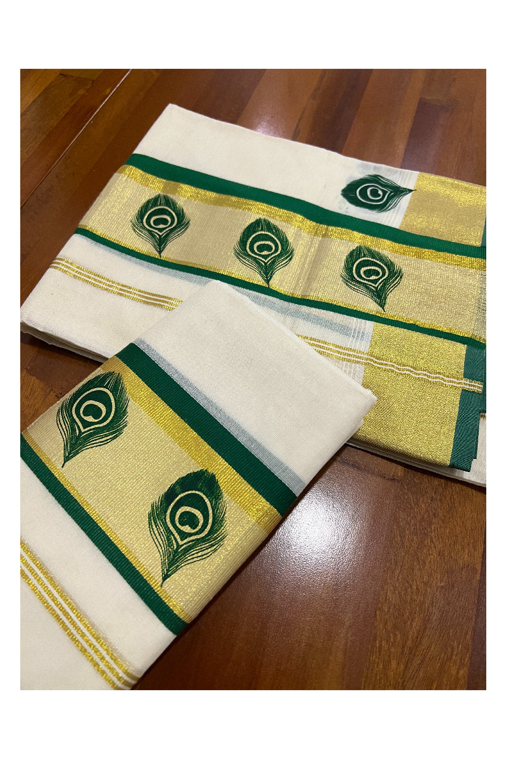 Pure Cotton Kasavu Set Mundu (Mundum Neriyathum) with Green Feather Block Prints on Border