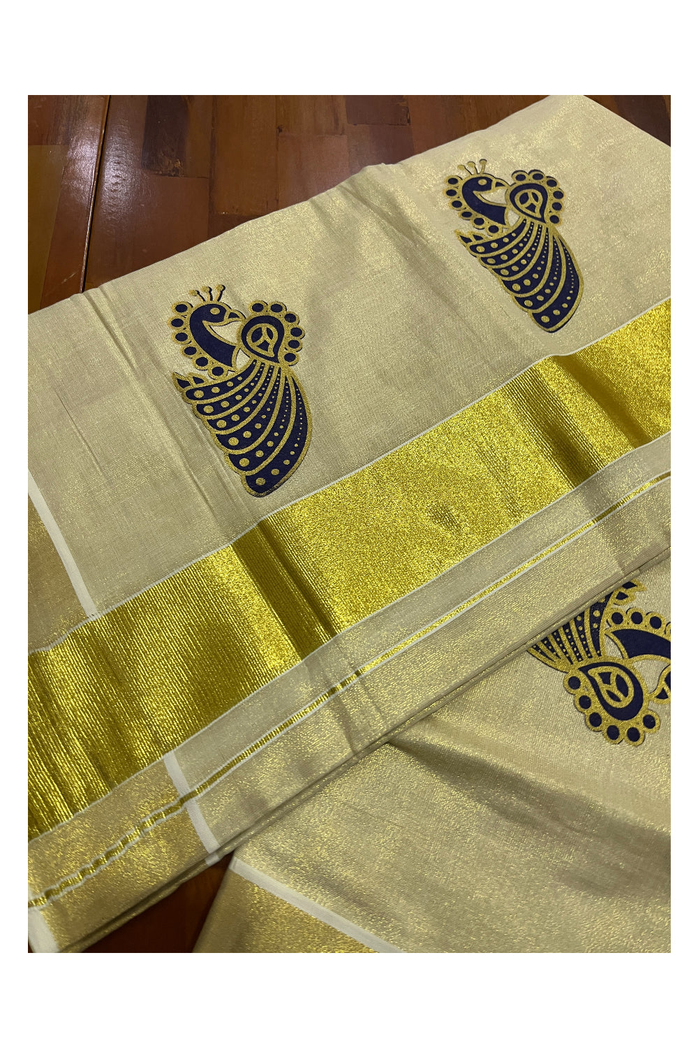 Kerala Tissue Kasavu Navy Blue Golden Peacock Block Printed Design Saree