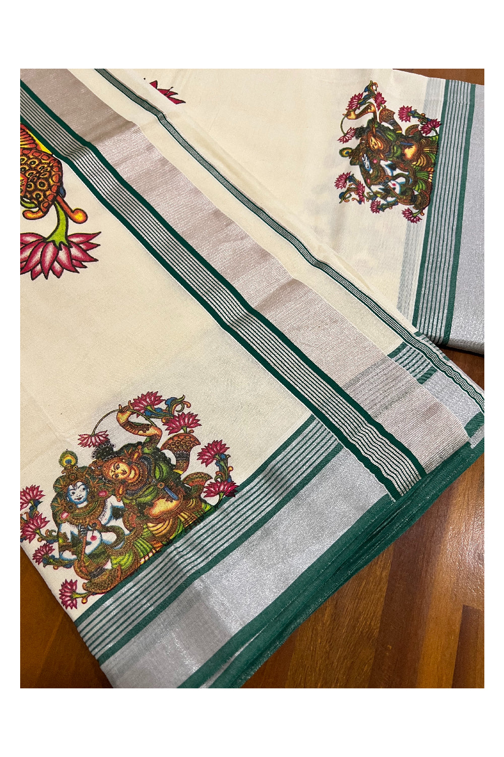 Southloom Silver Kasavu and Green Kara Saree with Krishna Radha Mural Design