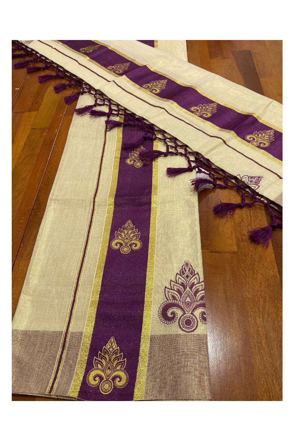 Southloom Onam 2022 Tissue Set Mundu with Block Prints in Purple Kara