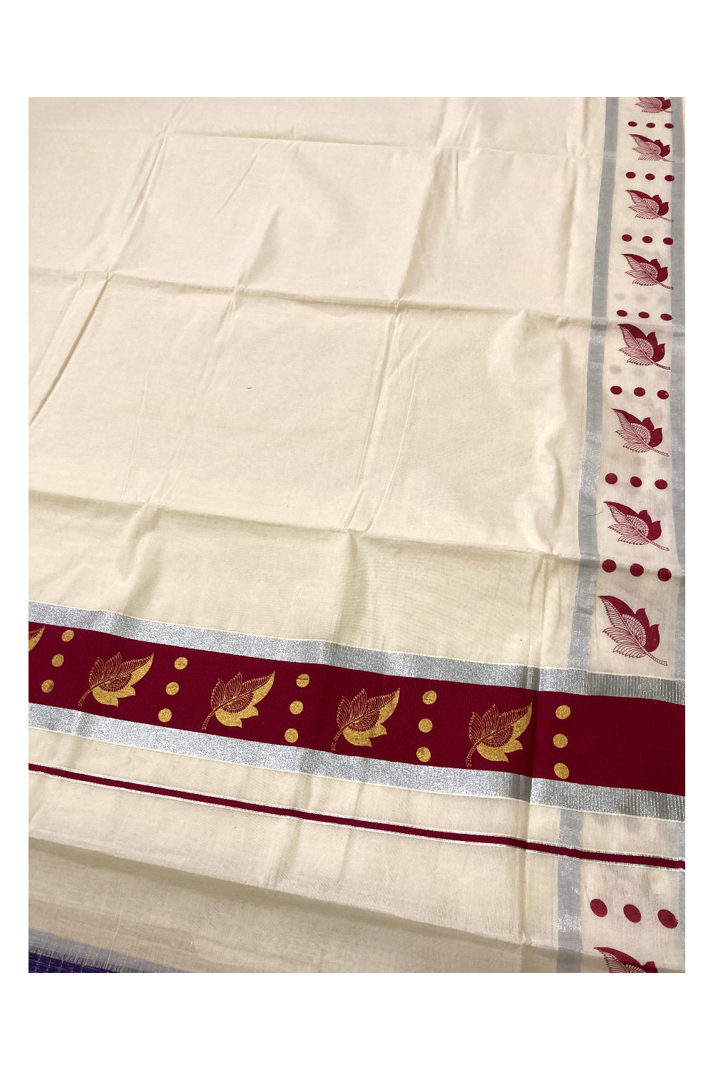 Pure Cotton Kerala Saree with Golden Leaf Block Prints on Silver Kasavu and Maroon Pallu