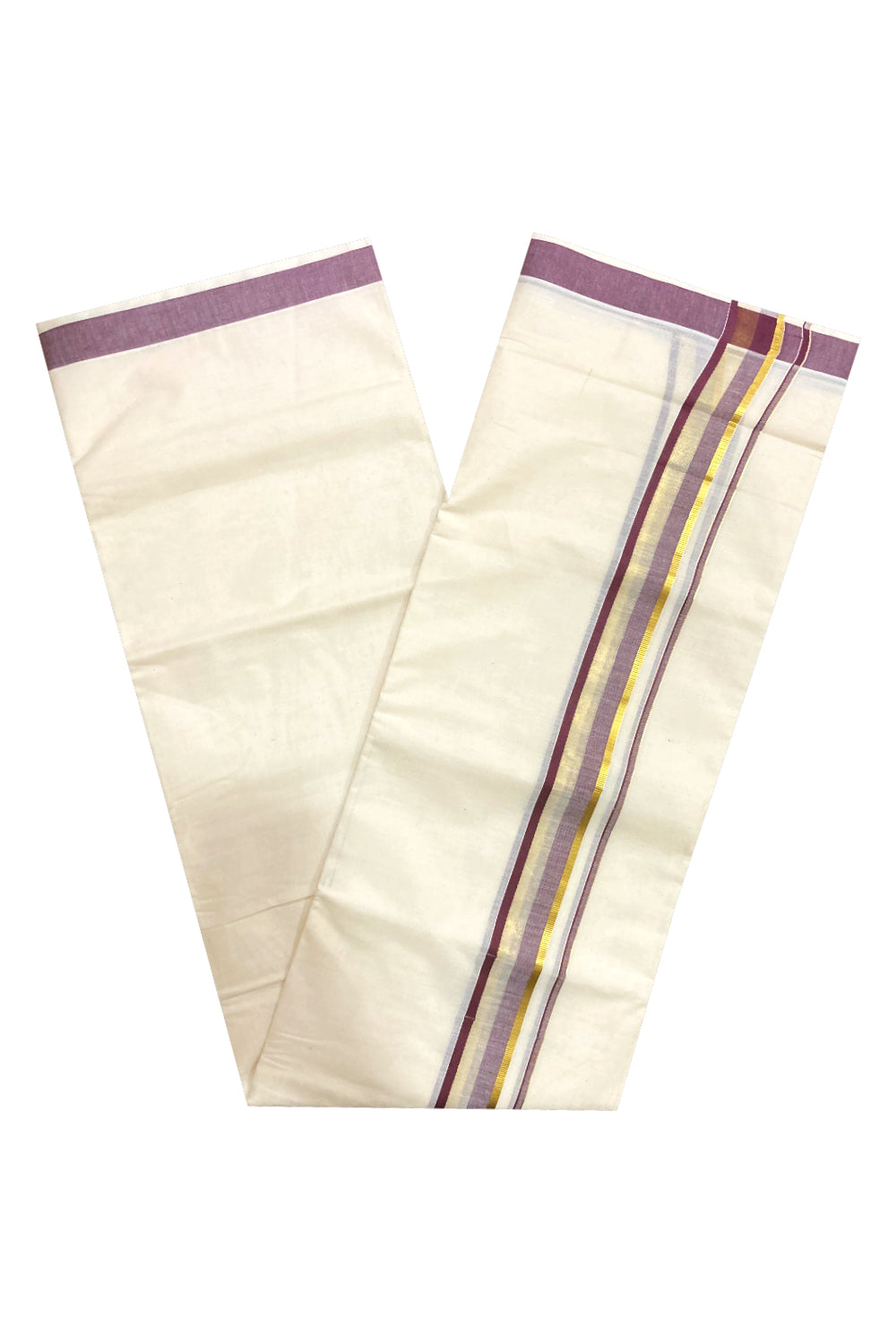 Off White Kerala Double Mundu with Purple and Kasavu Border (South Indian Dhoti)