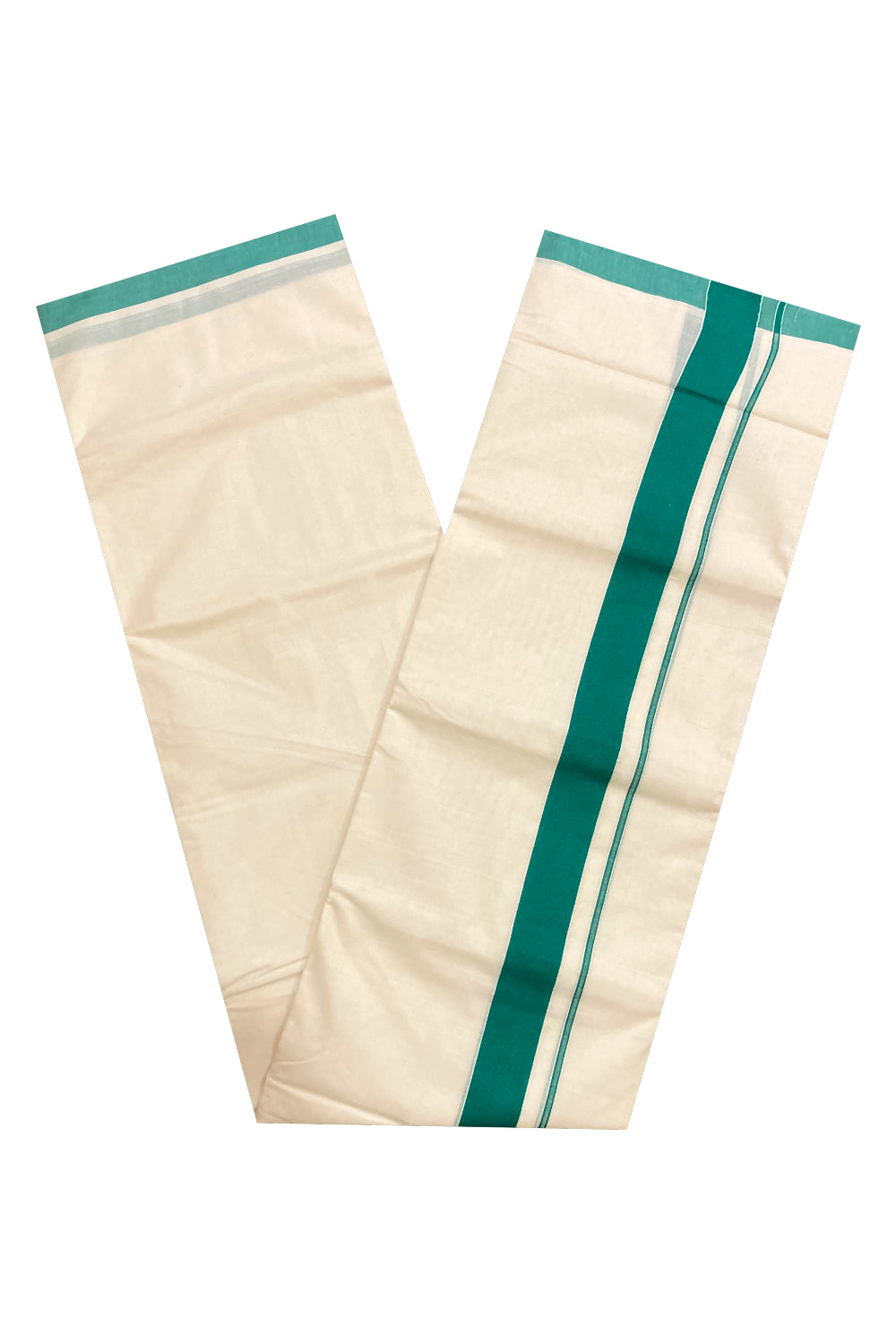 Off White Pure Cotton Double Mundu with Green Border (South Indian Kerala Dhoti)