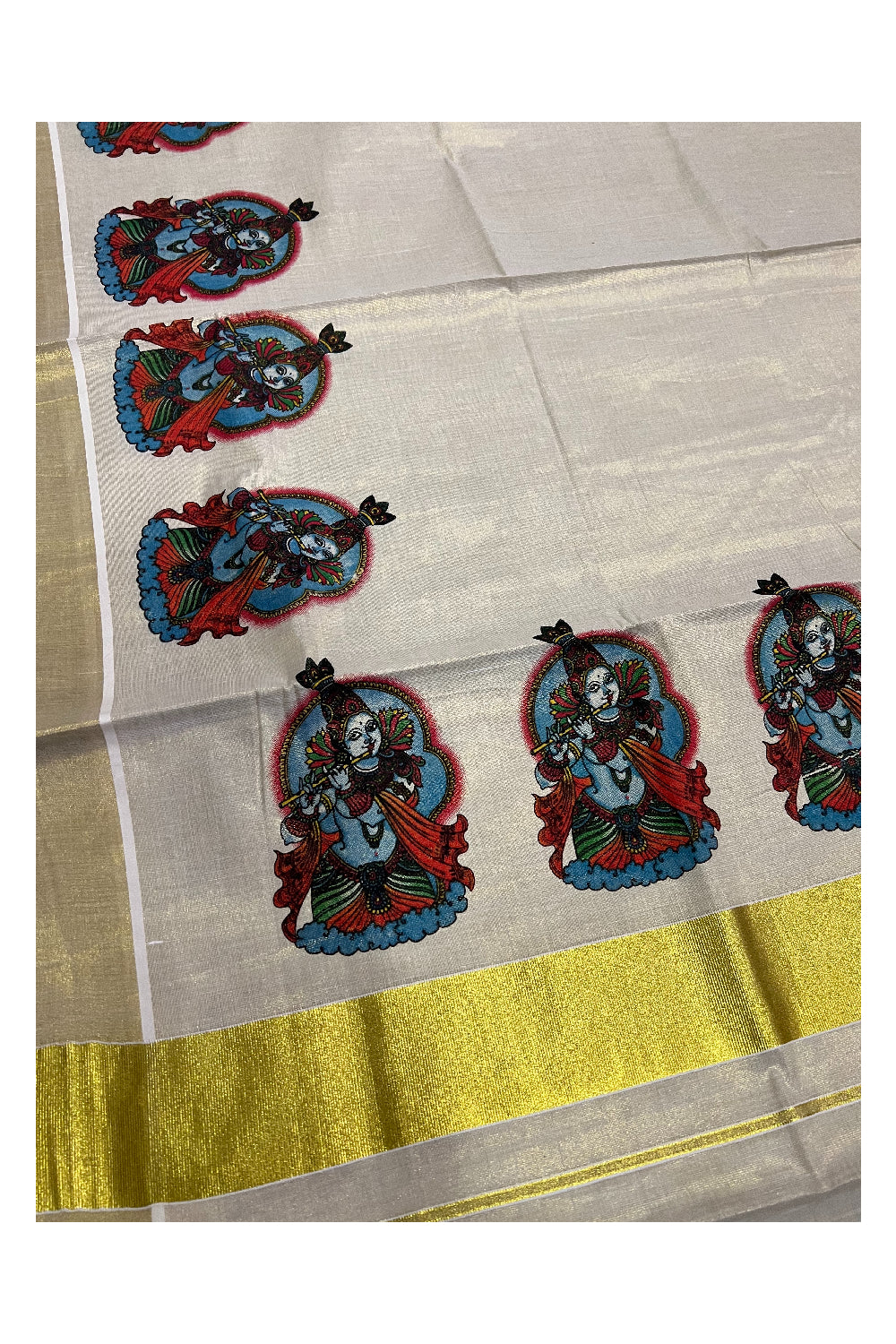 Kerala Tissue Kasavu Saree With Mural Printed Lord Krishna Design