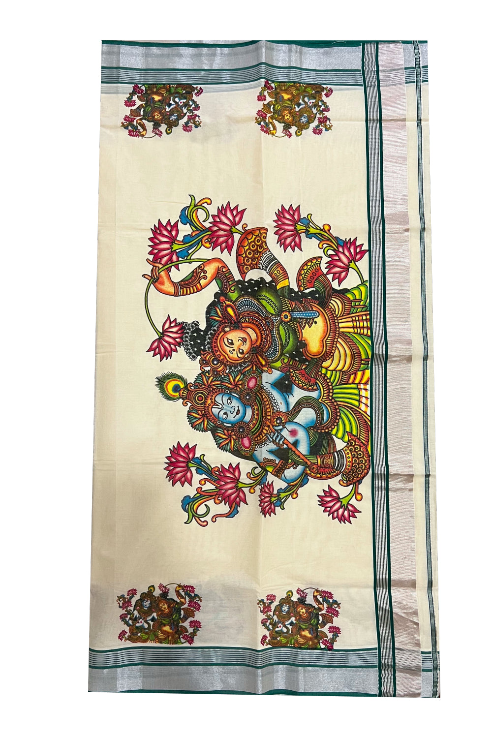 Southloom Silver Kasavu and Green Kara Saree with Krishna Radha Mural Design