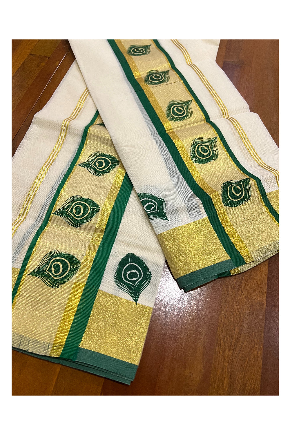 Pure Cotton Kasavu Set Mundu (Mundum Neriyathum) with Green Feather Block Prints on Border