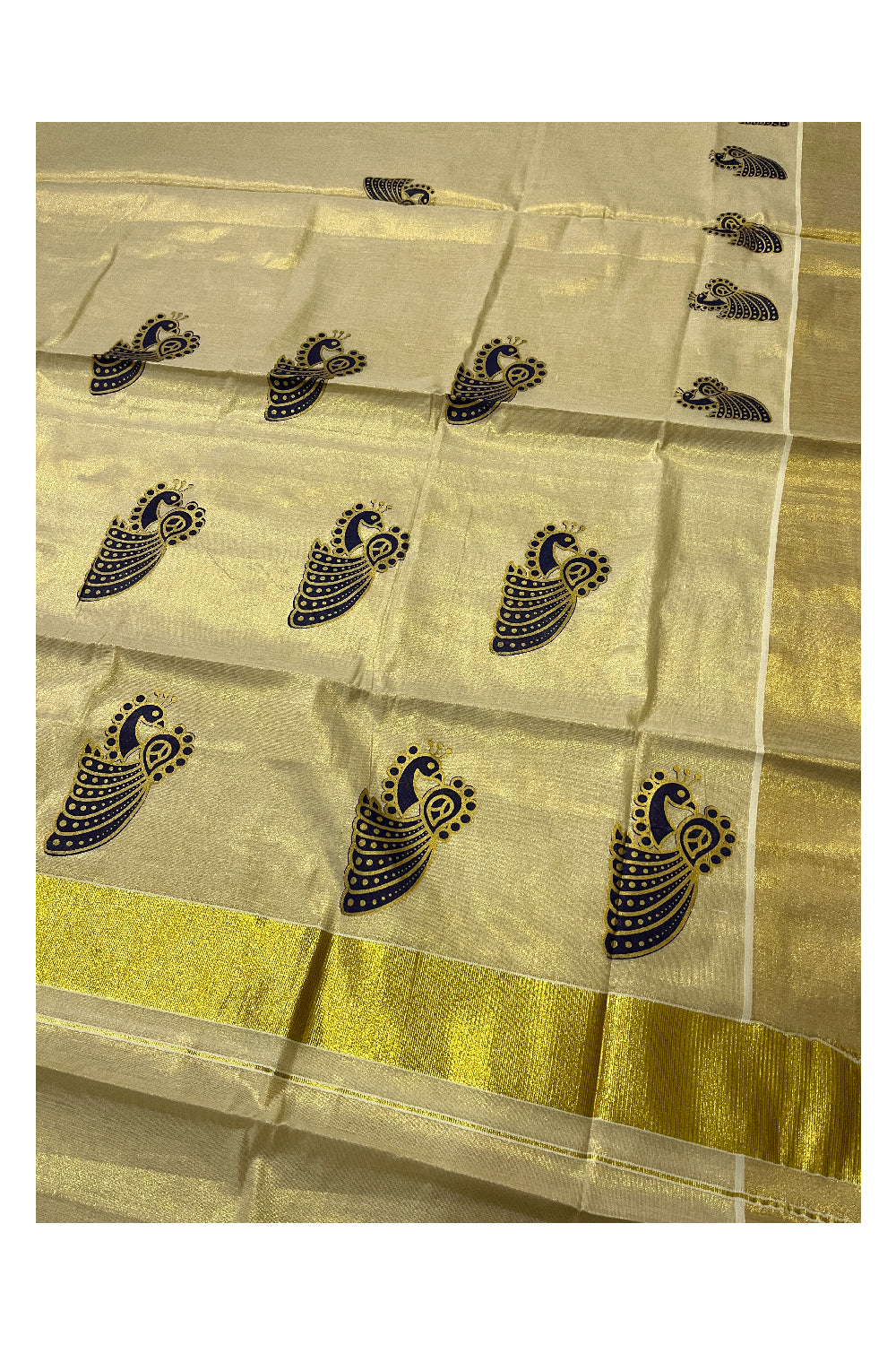 Kerala Tissue Kasavu Navy Blue Golden Peacock Block Printed Design Saree