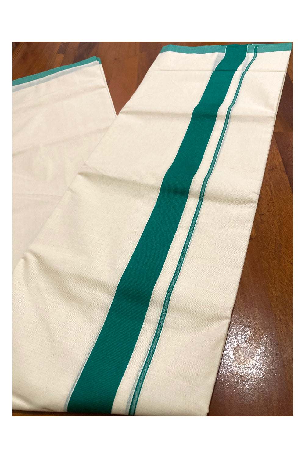 Off White Pure Cotton Double Mundu with Green Border (South Indian Kerala Dhoti)