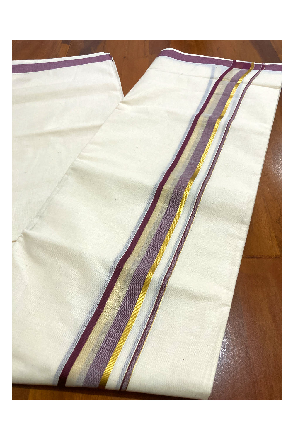 Off White Kerala Double Mundu with Purple and Kasavu Border (South Indian Dhoti)