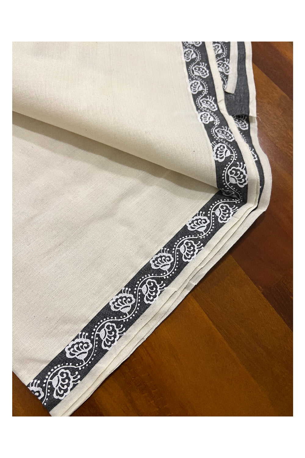 Pure Cotton Set Mundu (Mundum Neriyathum) with White Floral Block Prints on 1 inch Black Border