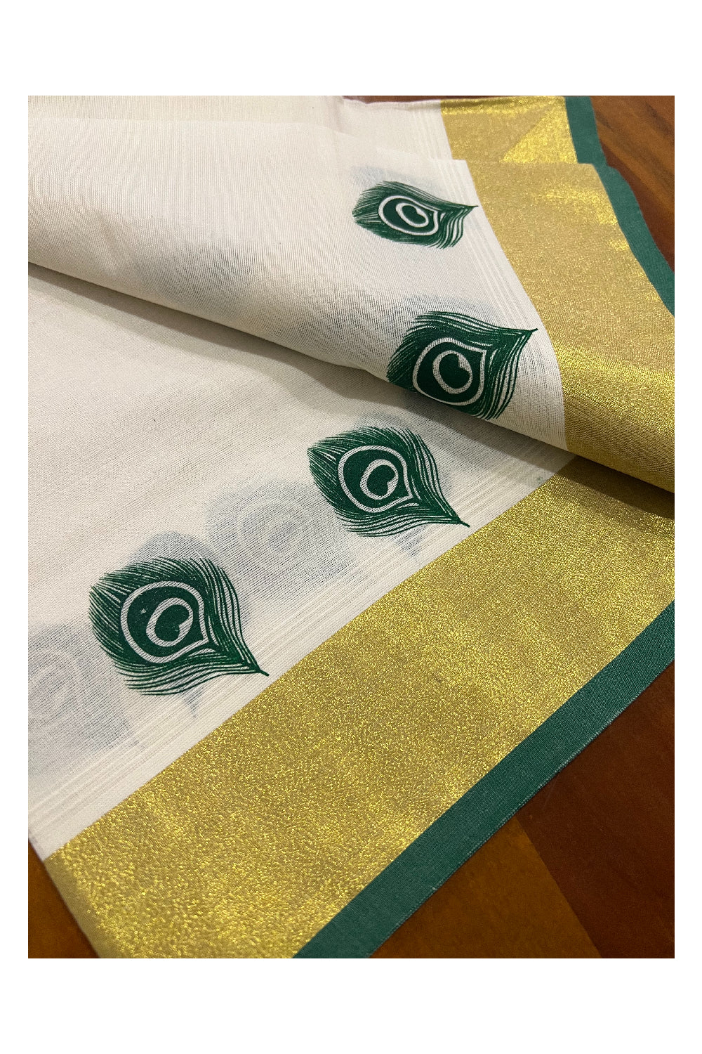 Pure Cotton Kasavu Set Mundu (Mundum Neriyathum) with Green Feather Block Prints on Border