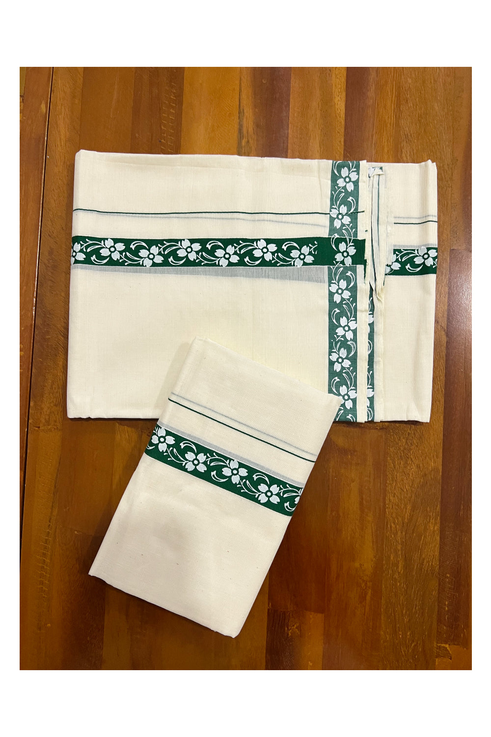 Pure Cotton Set Mundu (Mundum Neriyathum) with White Floral Block Prints on 1 inch Green Border