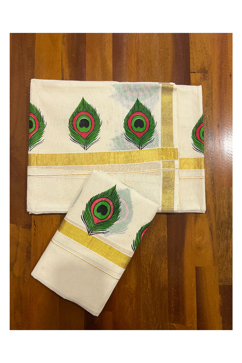 Cotton Kasavu Set Mundu (Mundum Neriyathum) with Mural Feather Prints on Border