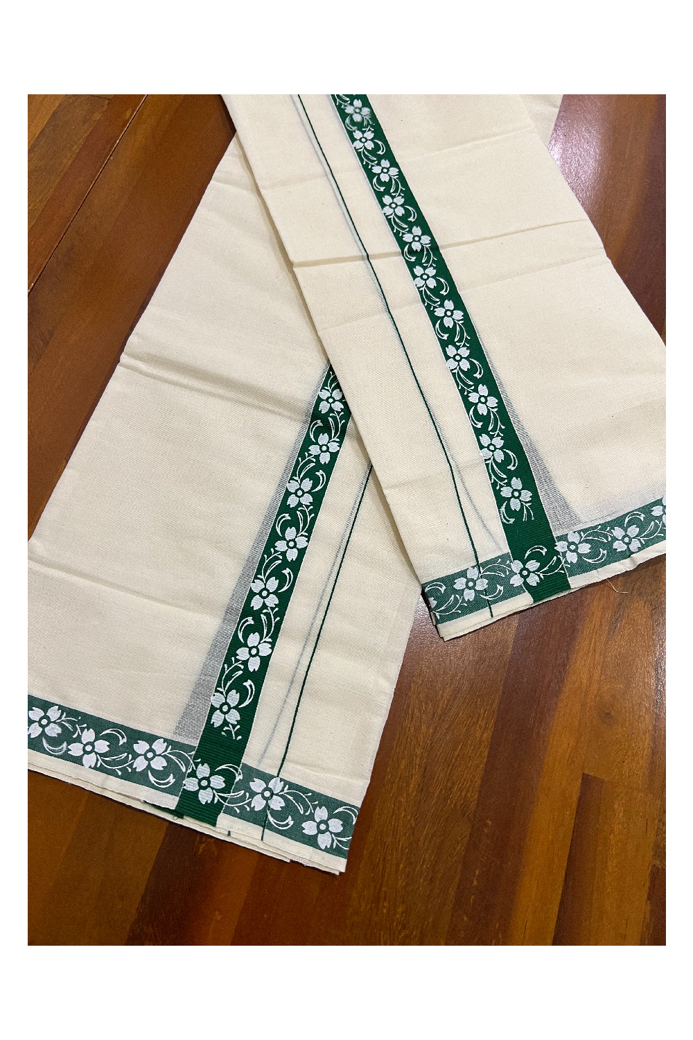 Pure Cotton Set Mundu (Mundum Neriyathum) with White Floral Block Prints on 1 inch Green Border