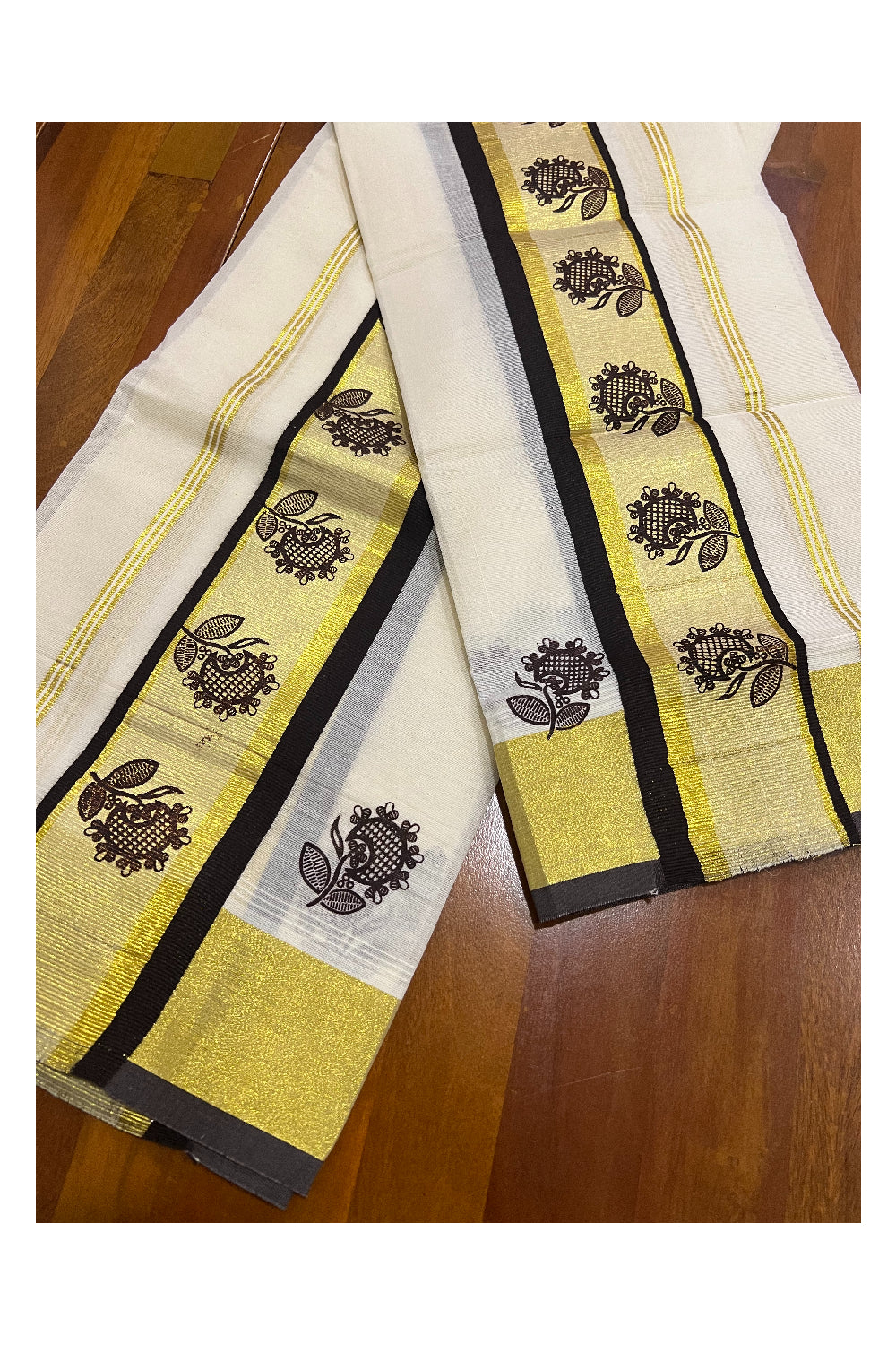 Pure Cotton Kasavu Set Mundu (Mundum Neriyathum) with Dark Brown Floral Block Prints on Border