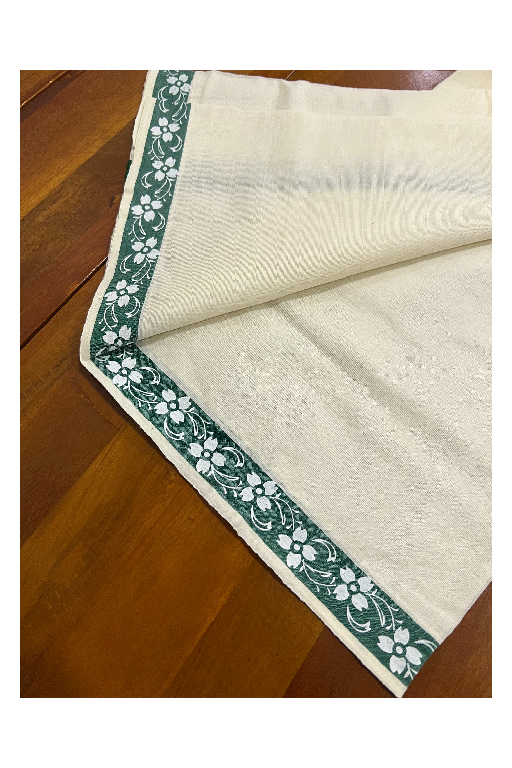 Pure Cotton Set Mundu (Mundum Neriyathum) with White Floral Block Prints on 1 inch Green Border