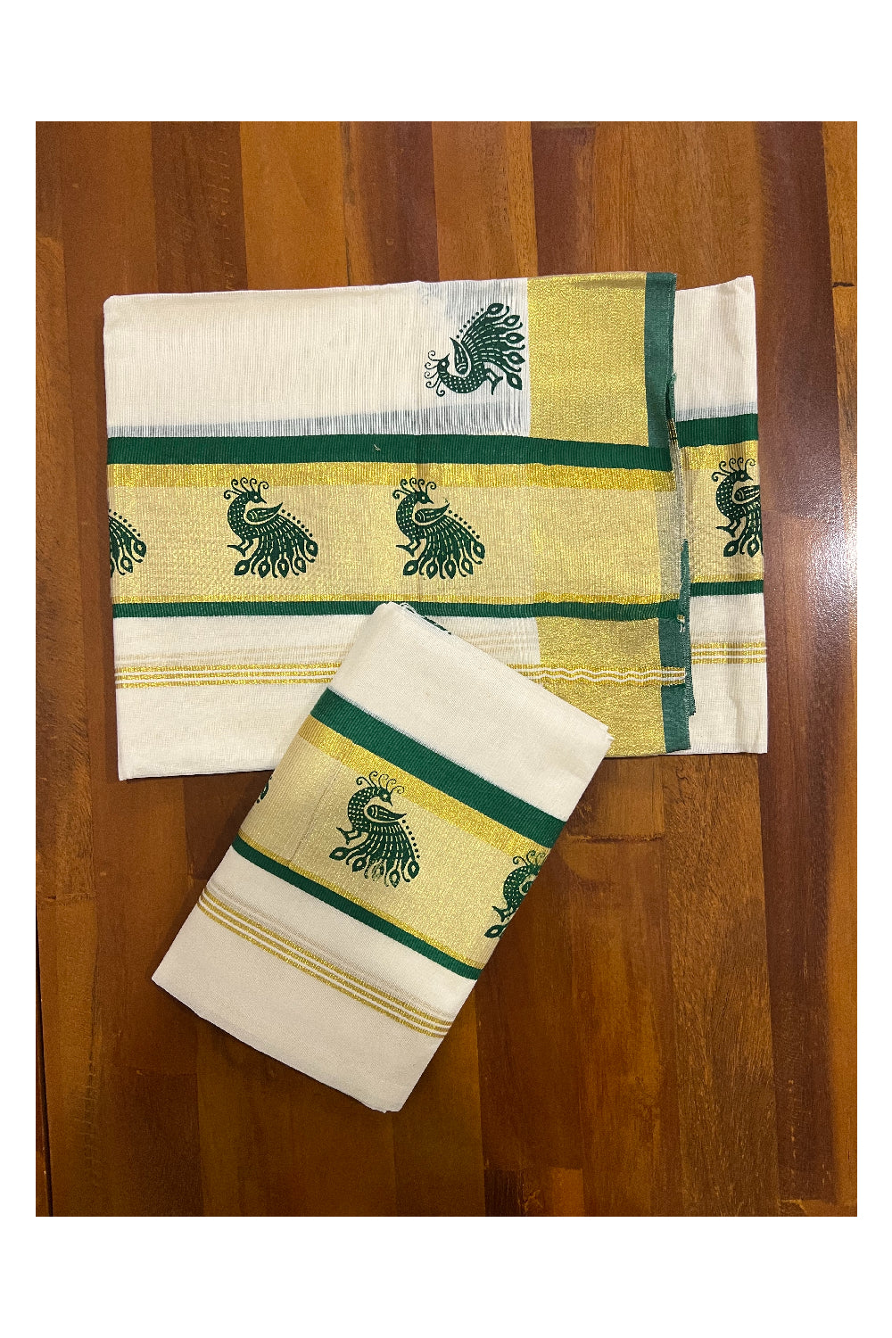 Pure Cotton Kasavu Set Mundu (Mundum Neriyathum) with Green Peacock Block Prints on Border
