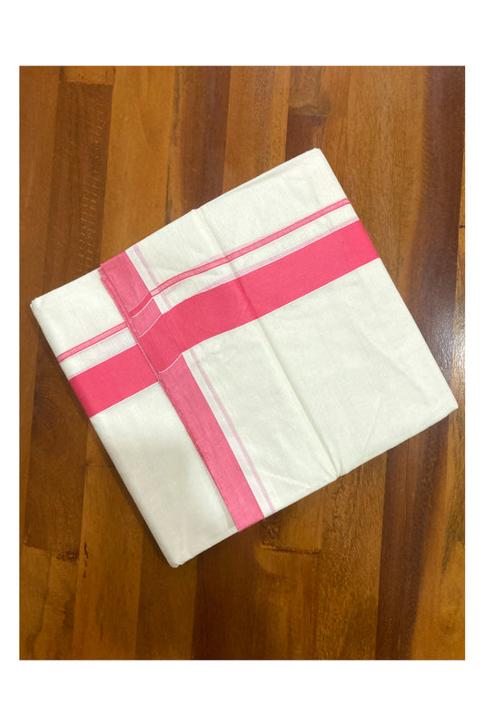 Off White Pure Cotton Double Mundu with Pink Border (South Indian Kerala Dhoti)