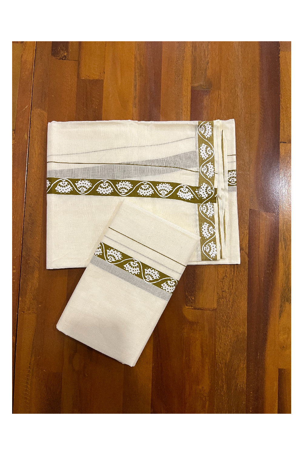 Pure Cotton Set Mundu (Mundum Neriyathum) with White Floral Block Prints on 1 inch Olive Green Border