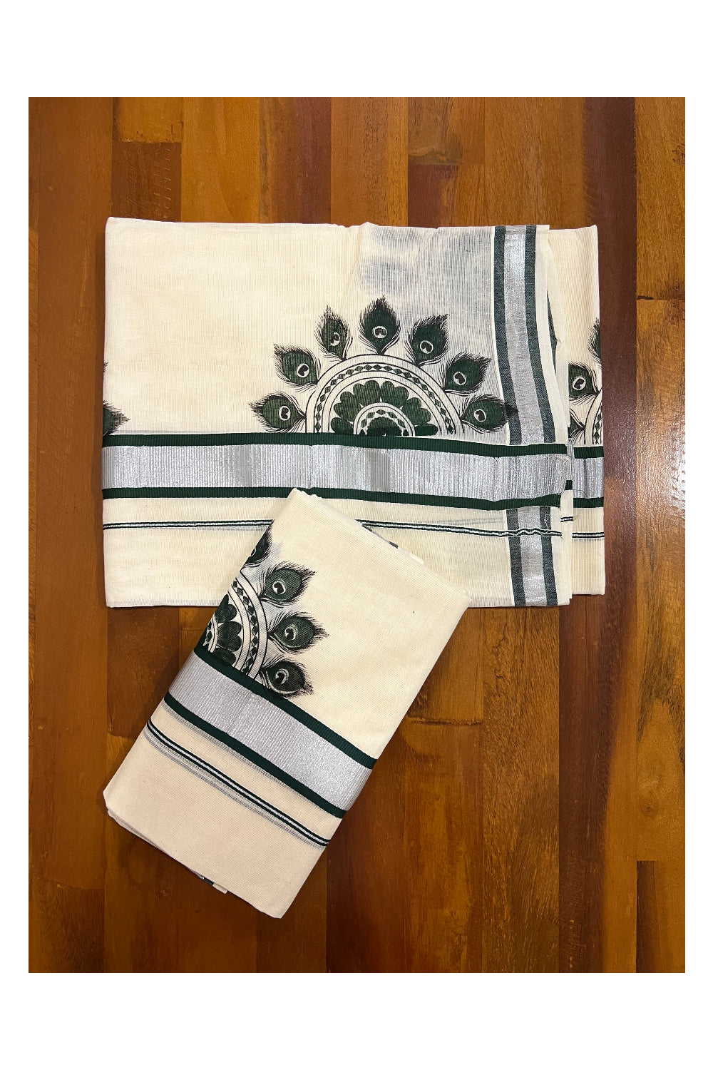 Kerala Cotton Silver Kasavu Set Mundu (Mundum Neriyathum) with Green Feather Semi Circle Block Prints