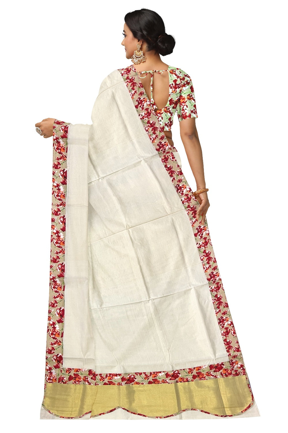 Kerala Pure Cotton Fusion Art Beige Floral Printed Kasavu Saree with Printed Blouse Piece