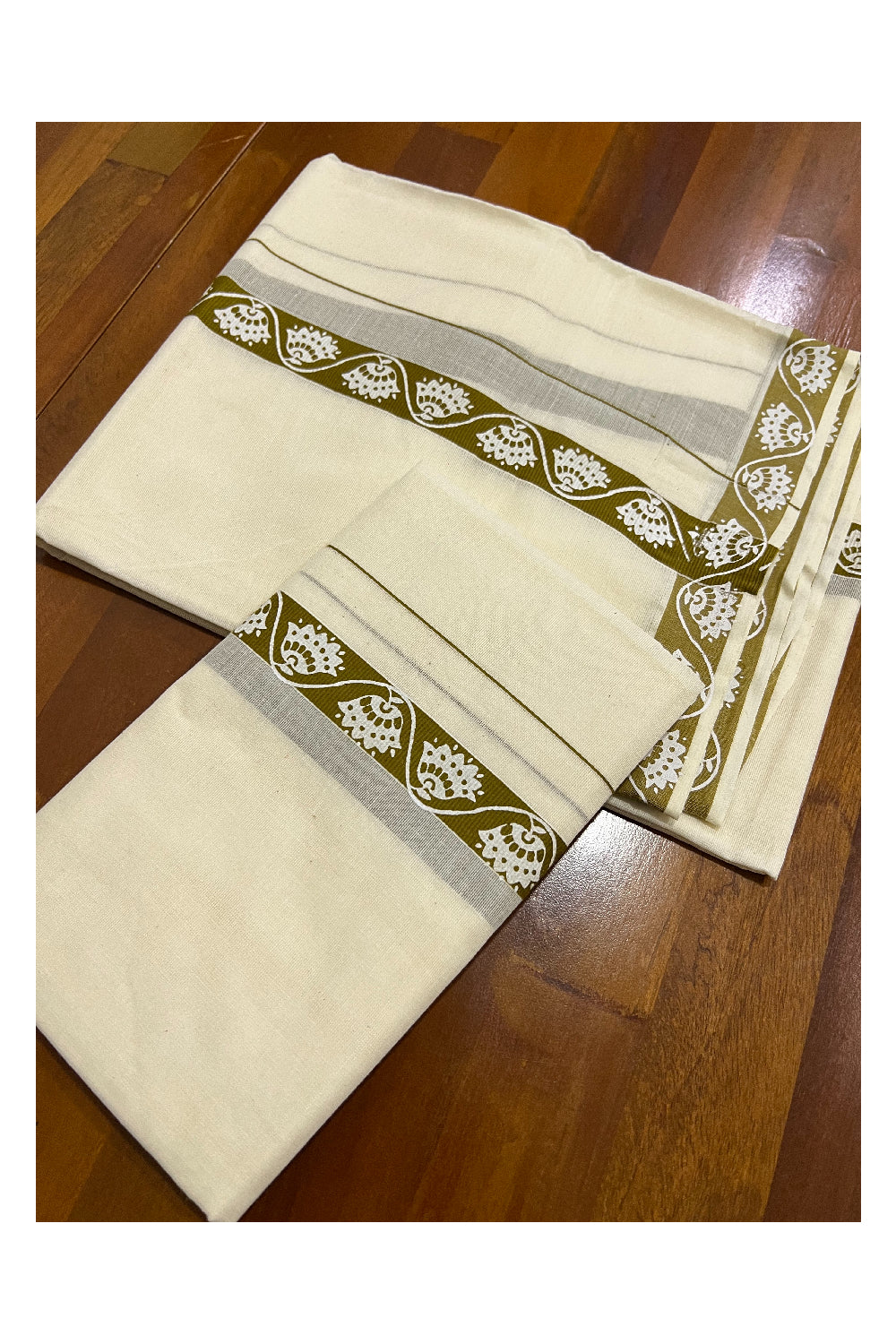 Pure Cotton Set Mundu (Mundum Neriyathum) with White Floral Block Prints on 1 inch Olive Green Border