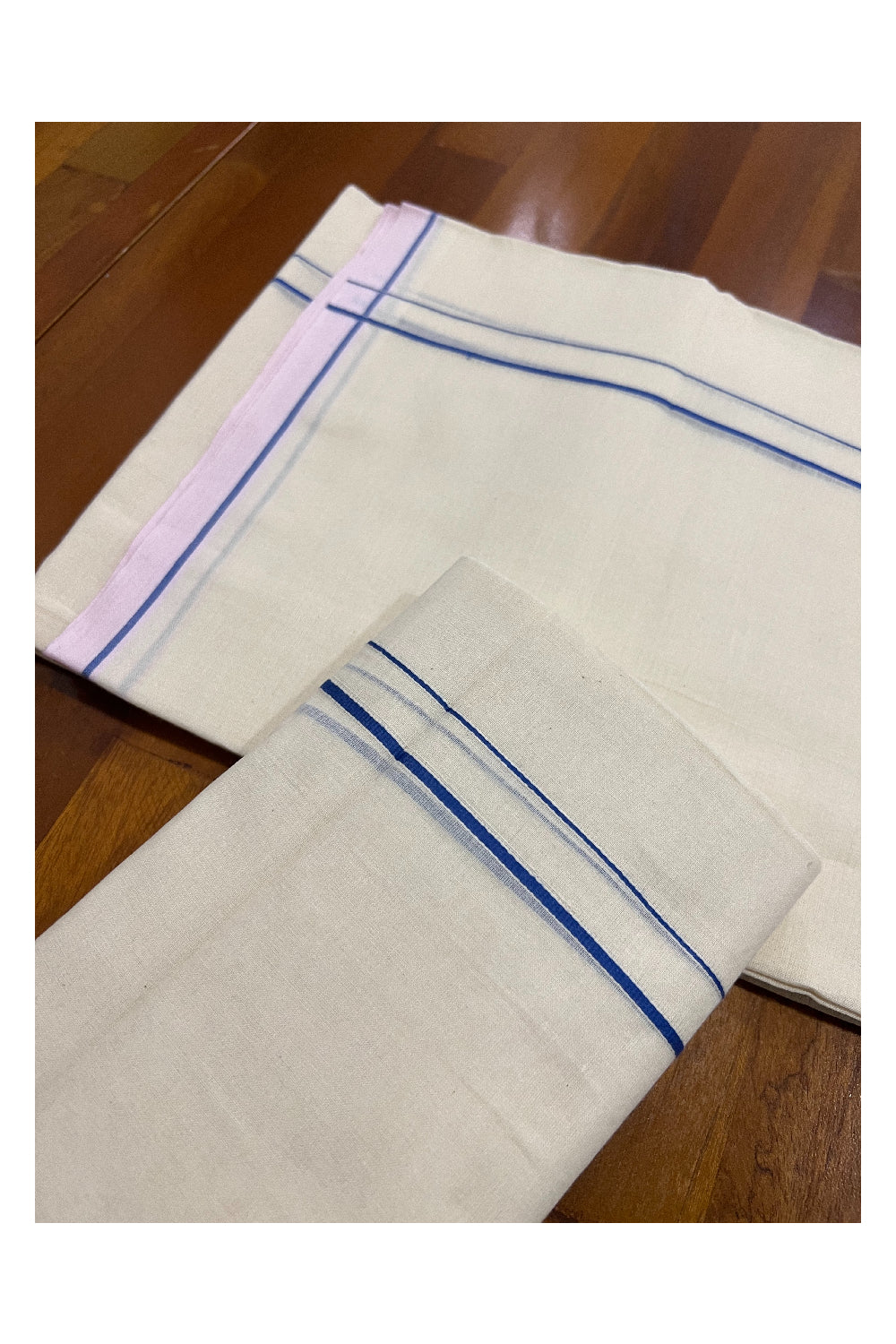 Kerala Cotton Mundum Neriyathum Single (Set Mundu) with Blue Eerkkil Kara